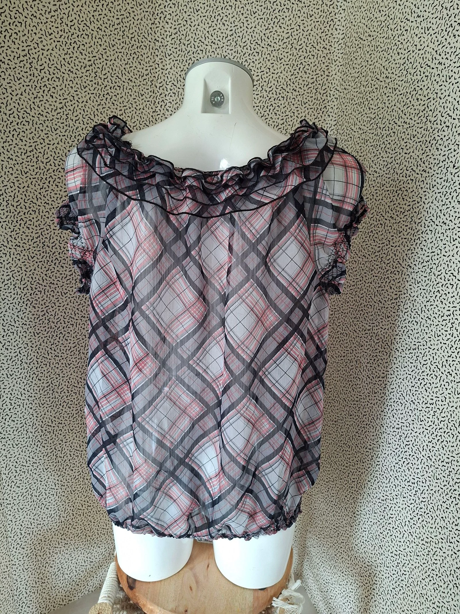 Blusa mujer a cuadros voile transparente con volantes L rosa gris negro bohemio – photo 4